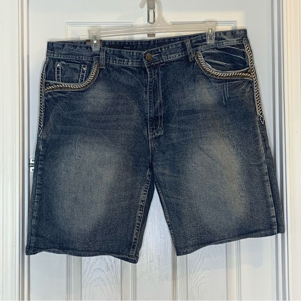 GS115 Mens Jean Shorts Size 42 Bruce Slim Fit Blue Denim Distressed